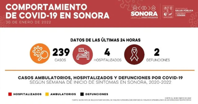 Se registran 239 nuevos casos de Covid-19 y dos fallecimientos en Sonora