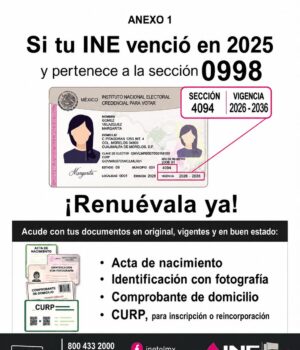 Llaman a renovar la INE a vecinos del seccional 0998; venció en el 2025 Llaman a renovar la INE a vecinos del seccional 0998; venció en el 2025