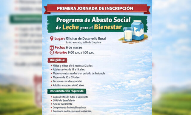 Harán jornada de inscripción al programa Leche para el Bienestar en ‘La Atravezada’.