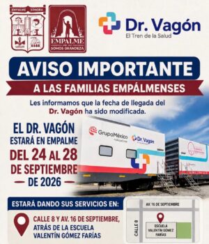Confirman regreso del Dr. Vagón a Empalme; brindará servicios gratuitos en septiembre Confirman regreso del Dr. Vagón a Empalme; brindará servicios gratuitos en septiembre